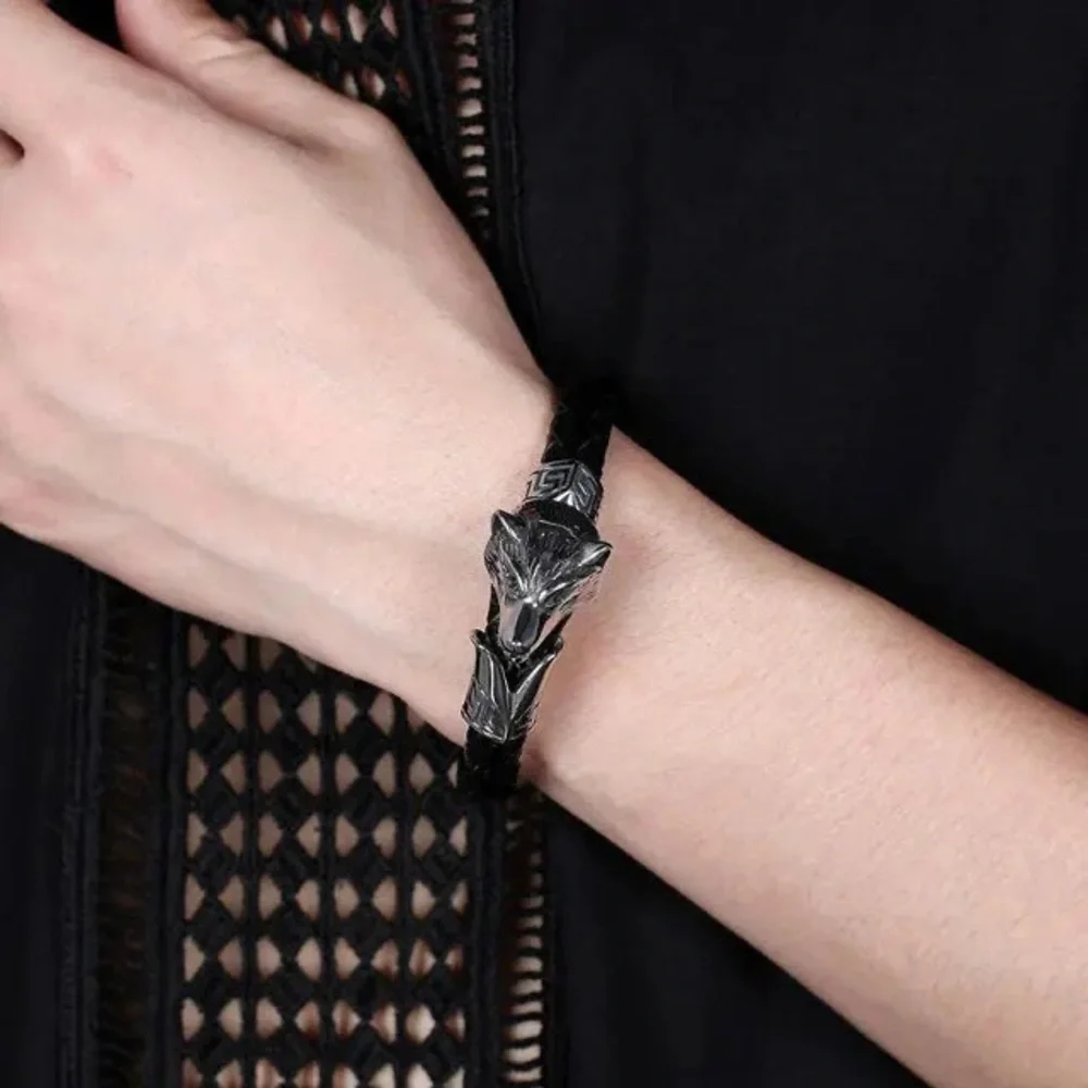 Viking Heritage Wolf Fenrir Braided Leather Stainless Steel Bracelet